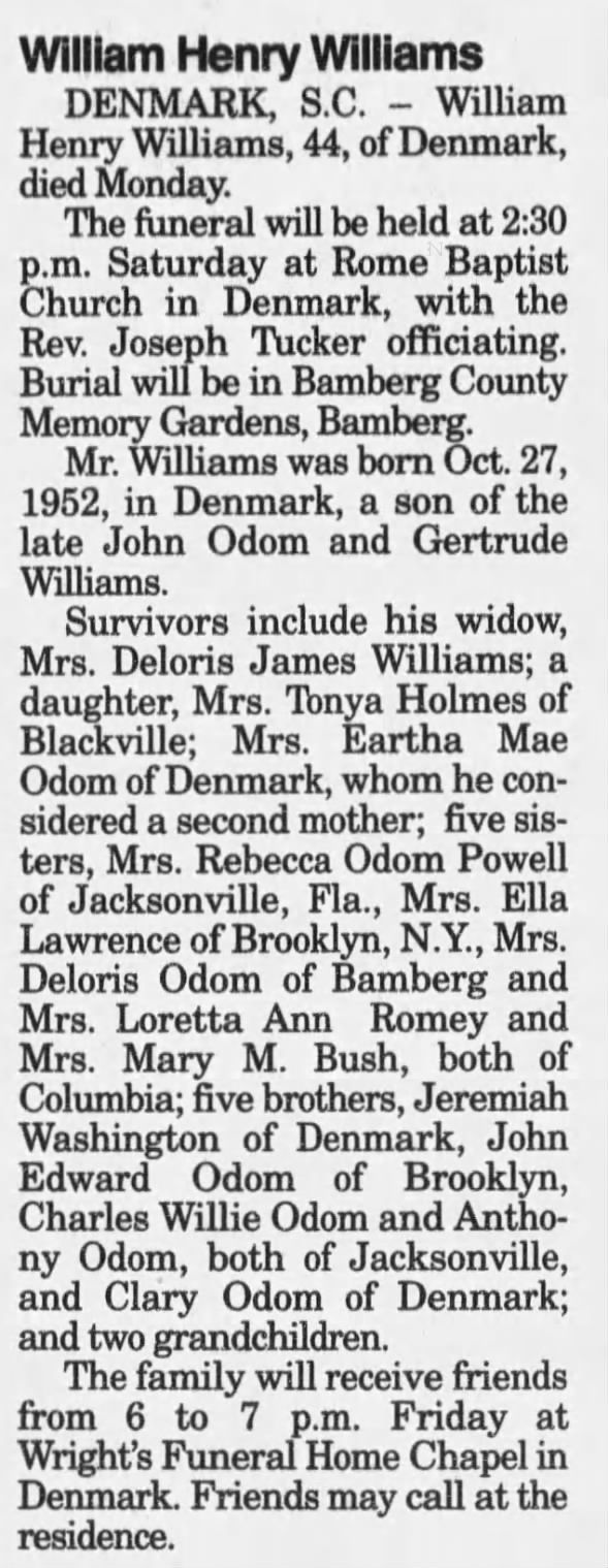 Obituary for William Henry Williams (Aged 44)